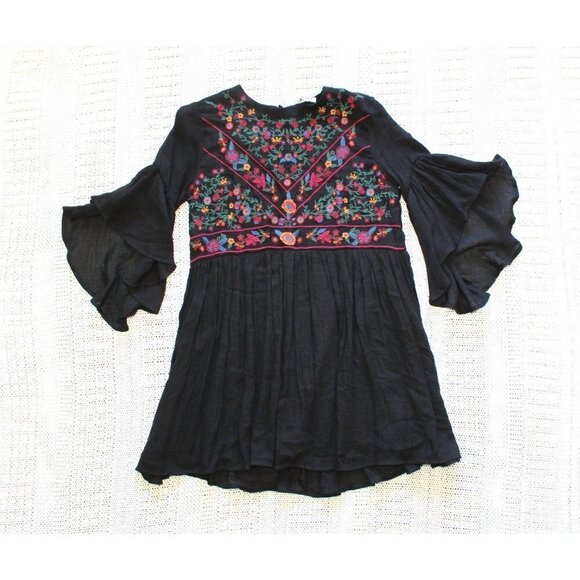 Umgee Boho Black floral Embroidered Mini Dress Size Small Bell-Sleeve Casual - Picture 1 of 12